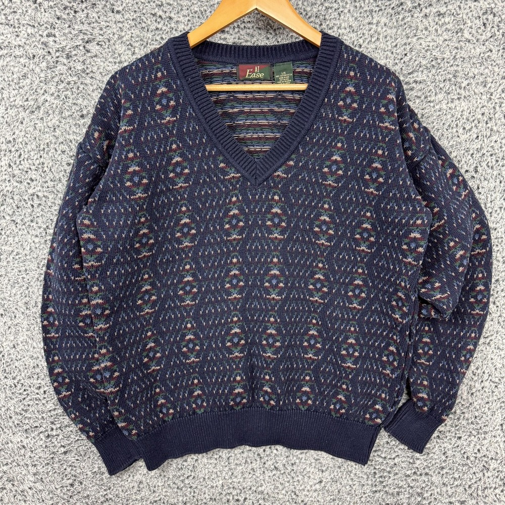 Vintage Birdseye Sweater Mens Large Blue Geometric Knit Grandpa Made USA 90s